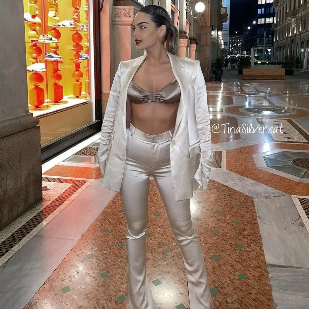 BLOGGER'S FAVE! Zara Suit Set Satin Ruched Blazer And Pants Ivory NWT